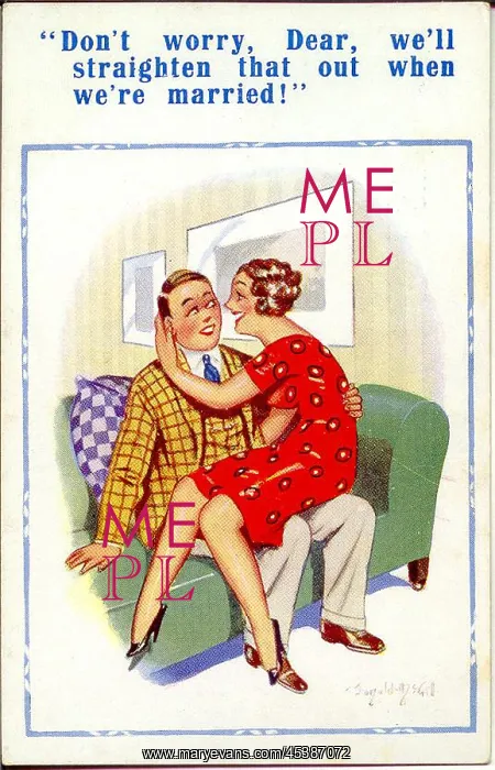 : Comic postcard, Couple on a sofa : Comic postcard, Couple on a sofa