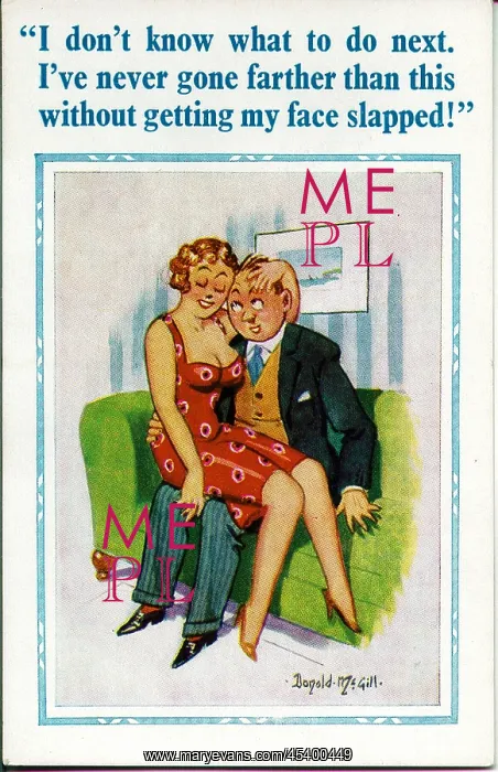 : Comic postcard, Couple on a sofa : Comic postcard, Couple on a sofa