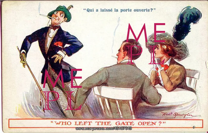 : Comic postcard, Couple at table, with passer-by : Comic postcard, Couple at table, with passer-by