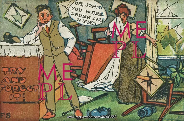 : Comic postcard, couple in a trashed room : Comic postcard, couple in a trashed room