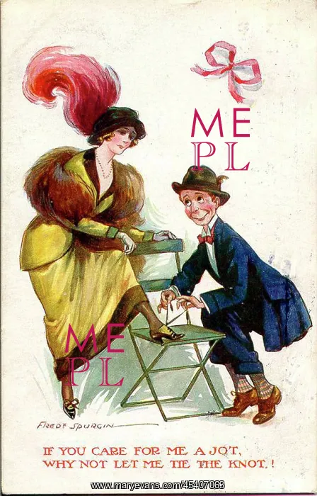 : Comic postcard, Couple tying shoelace : Comic postcard, Couple tying shoelace