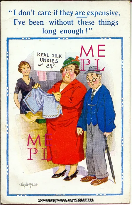 : Comic postcard, Couple at an underwear counter : Comic postcard, Couple at an underwear counter
