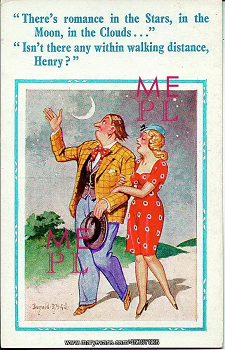 : Comic postcard, Couple out walking at night : Comic postcard, Couple out walking at night