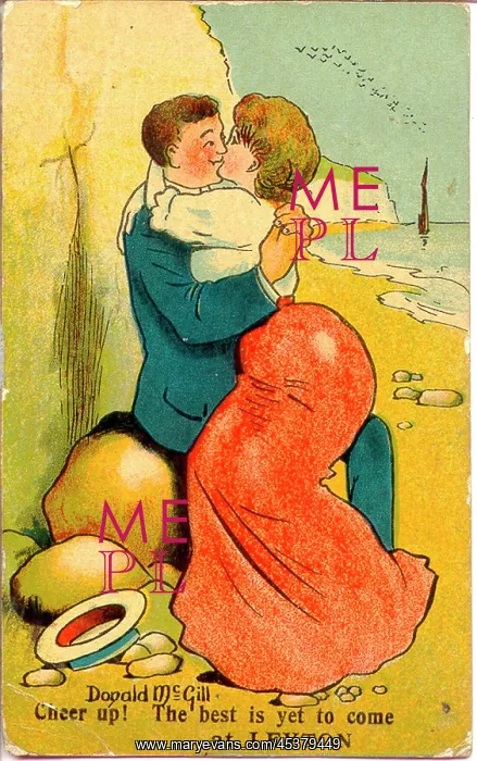 : Comic postcard, Courting couple on the beach : Comic postcard, Courting couple on the beach
