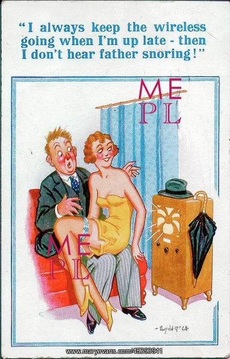 : Comic postcard, Courting couple with radio playing : Comic postcard, Courting couple with radio playing
