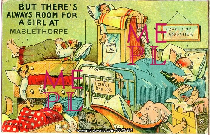 : Comic postcard, Crowded hotel bedroom : Comic postcard, Crowded hotel bedroom