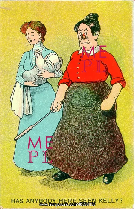 : Comic postcard, Crying woman holding a baby : Comic postcard, Crying woman holding a baby