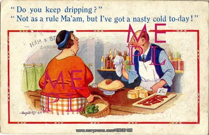 : Comic postcard, Customer in butcher's shop : Comic postcard, Customer in butcher's shop