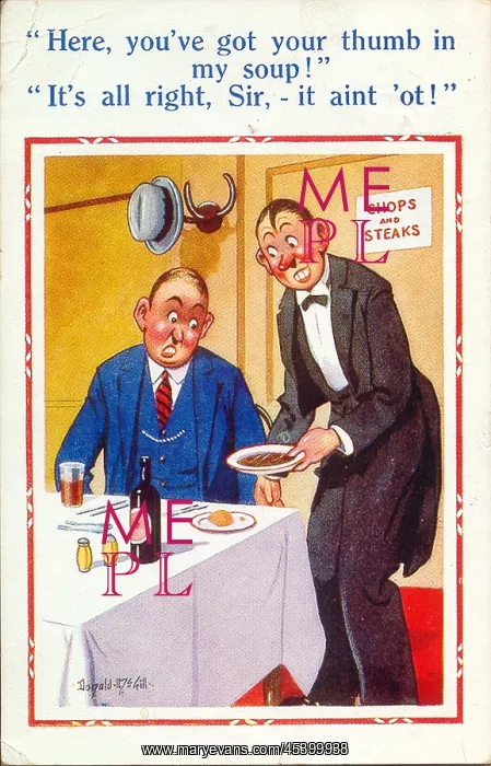: Comic postcard, Customer and waiter in restaurant : Comic postcard, Customer and waiter in restaurant