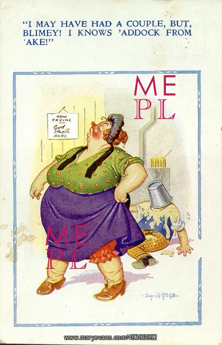 : Comic postcard, Dissatisfied customer in fish shop : Comic postcard, Dissatisfied customer in fish shop