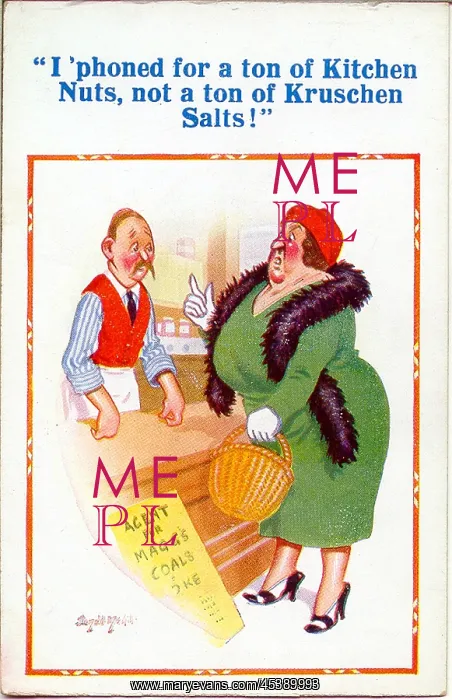 : Comic postcard, dissatisfied customer in shop : Comic postcard, dissatisfied customer in shop