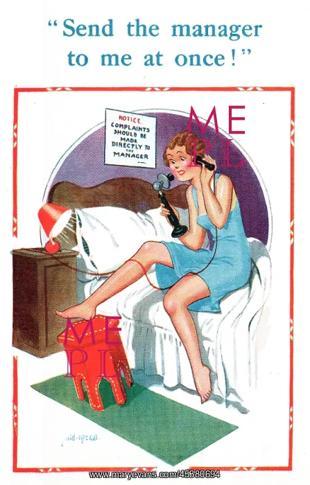 : Comic postcard, Dissatisfied hotel guest : Comic postcard, Dissatisfied hotel guest