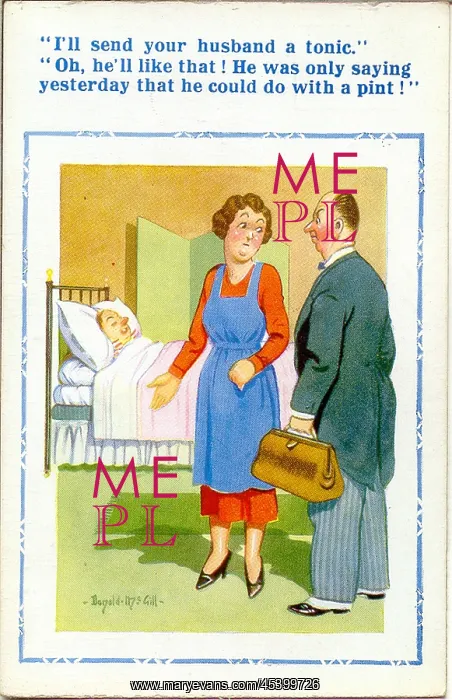 : Comic postcard, Doctor visits patient, wife misunderstands : Comic postcard, Doctor visits patient, wife misunderstands