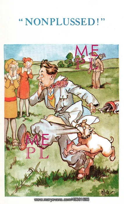 : Comic postcard, dog attack on golf course : Comic postcard, dog attack on golf course