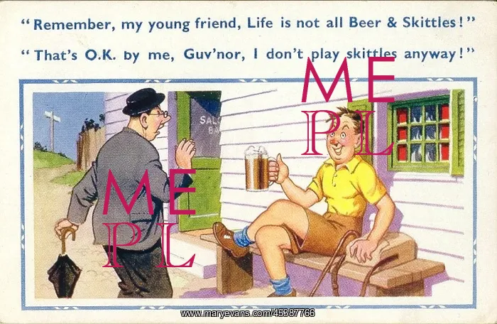 : Comic postcard, Drinking man and vicar outside pub : Comic postcard, Drinking man and vicar outside pub