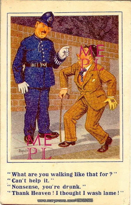 : Comic postcard, Drunkard and policeman in the street : Comic postcard, Drunkard and policeman in the street