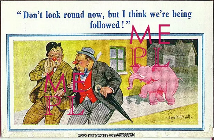 : Comic postcard, Two drunkards followed by pink elephant : Comic postcard, Two drunkards followed by pink elephant