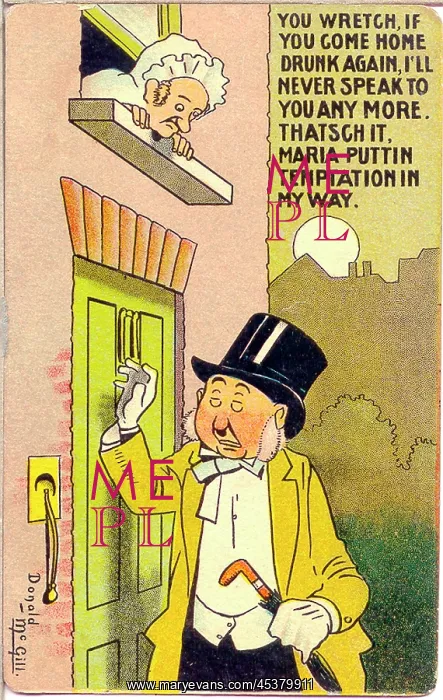 : Comic postcard, Drunken man arrives home : Comic postcard, Drunken man arrives home
