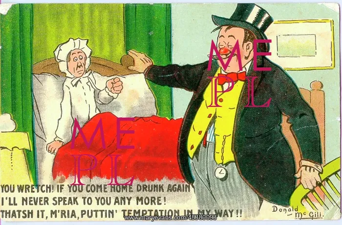 : Comic postcard, Drunken man arrives home : Comic postcard, Drunken man arrives home