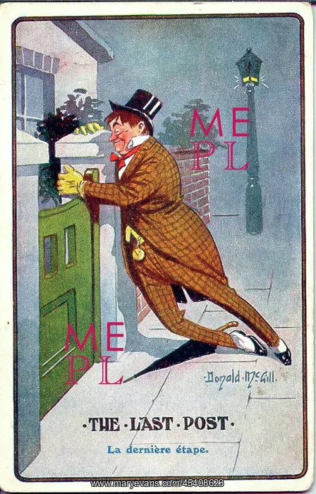 : Comic postcard, Drunken man arriving home : Comic postcard, Drunken man arriving home