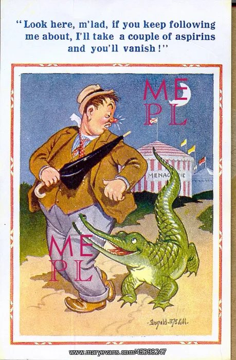 : Comic postcard, Drunken man with crocodile : Comic postcard, Drunken man with crocodile