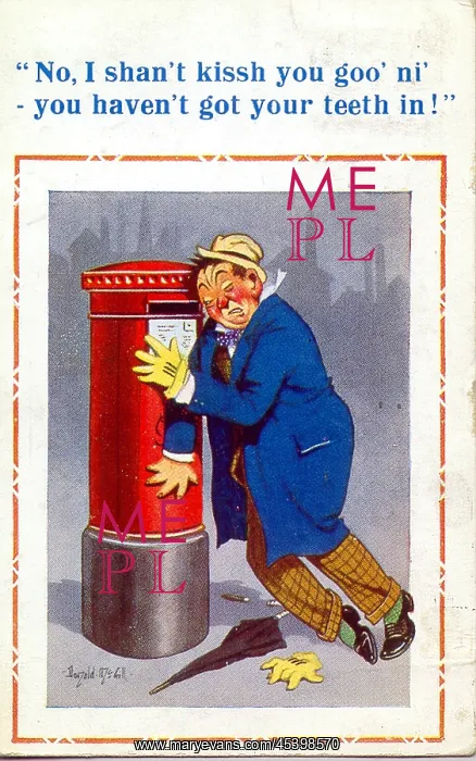 : Comic postcard, Drunken man with pillar box : Comic postcard, Drunken man with pillar box