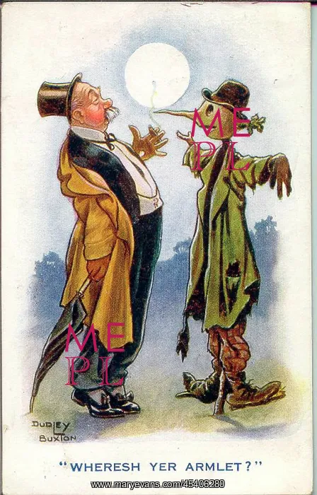 : Comic postcard, Drunken man and scarecrow, WW1 : Comic postcard, Drunken man and scarecrow, WW1
