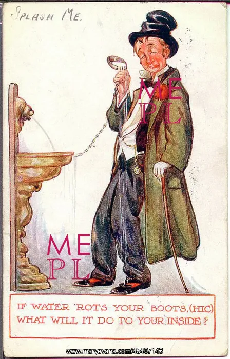 : Comic postcard, Drunken man and water fountain : Comic postcard, Drunken man and water fountain