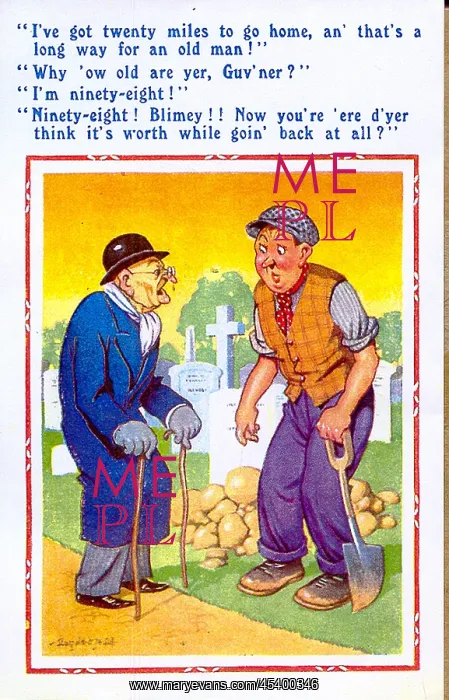  : Comic postcard, Elderly man and gravedigger