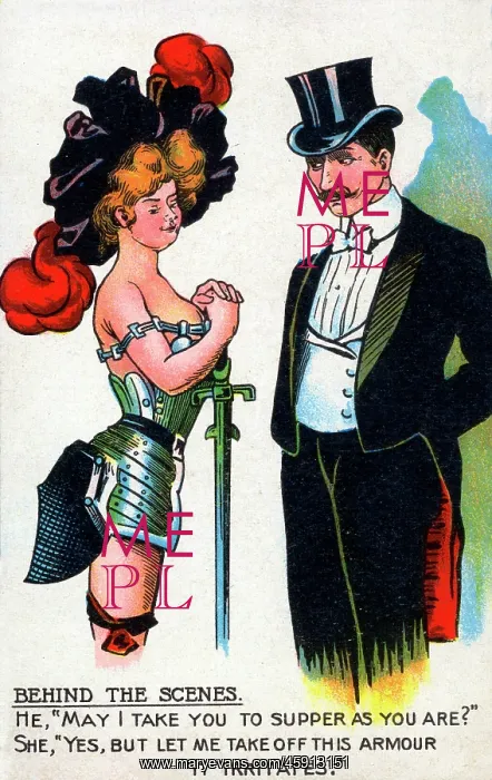 : Comic Postcard - Elegant lady with armour underclothes : Comic Postcard - Elegant lady with armour underclothes