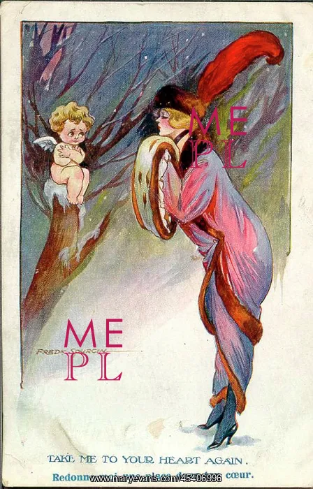 : Comic postcard, Elegant woman and cupid : Comic postcard, Elegant woman and cupid
