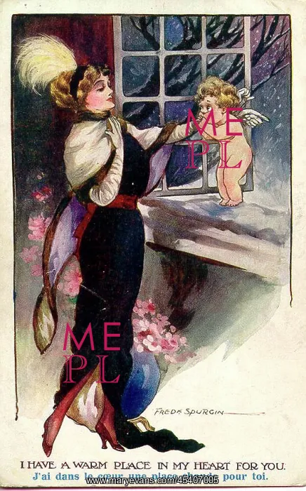 : Comic postcard, Elegant woman and cupid : Comic postcard, Elegant woman and cupid