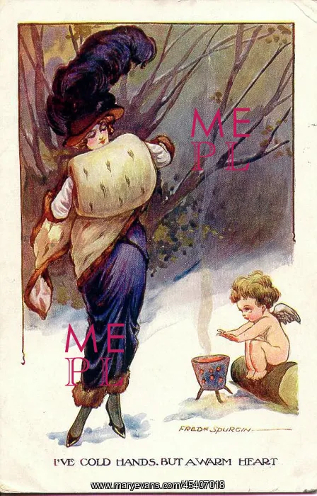 : Comic postcard, Elegant woman and cupid : Comic postcard, Elegant woman and cupid