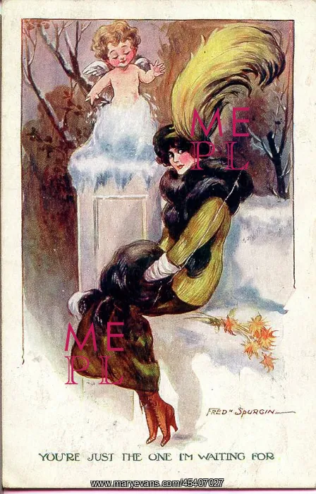 : Comic postcard, Elegant woman and cupid : Comic postcard, Elegant woman and cupid
