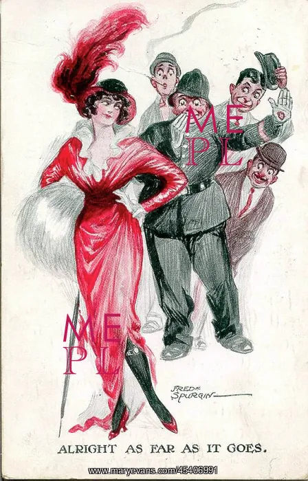 : Comic postcard, Elegant woman watched by four men : Comic postcard, Elegant woman watched by four men