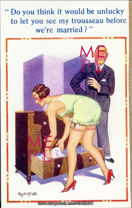 : Comic postcard, Engaged couple chatting : Comic postcard, Engaged couple chatting