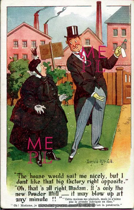 : Comic postcard, estate agent and elderly woman : Comic postcard, estate agent and elderly woman
