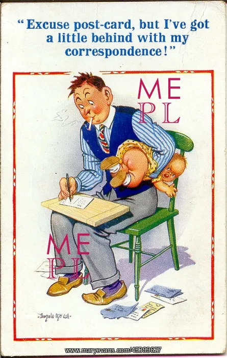: Comic postcard, father with baby, writing a card : Comic postcard, father with baby, writing a card