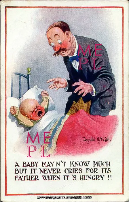 : Comic postcard, Father with crying baby : Comic postcard, Father with crying baby
