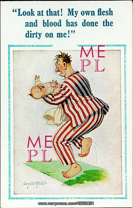 : Comic postcard, Father holds crying baby : Comic postcard, Father holds crying baby