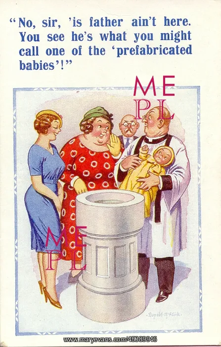 : Comic postcard, Father not present at baptism : Comic postcard, Father not present at baptism