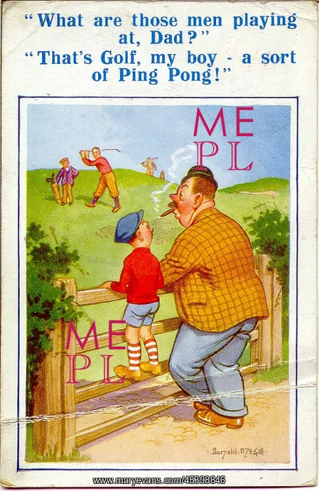 : Comic postcard, Father and son watch golfers : Comic postcard, Father and son watch golfers