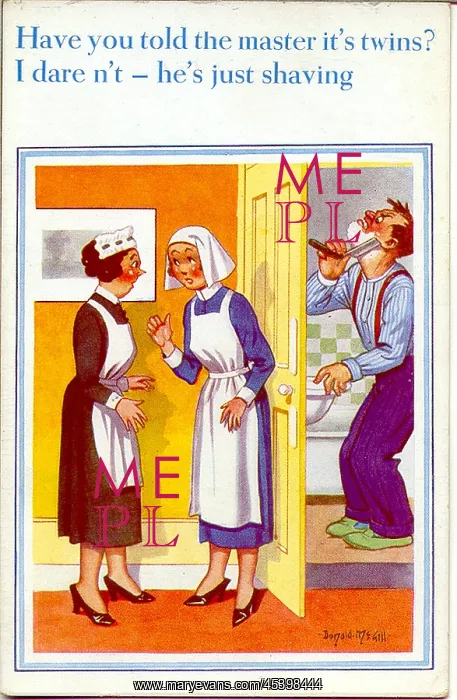 : Comic postcard, Father of twins shaving : Comic postcard, Father of twins shaving