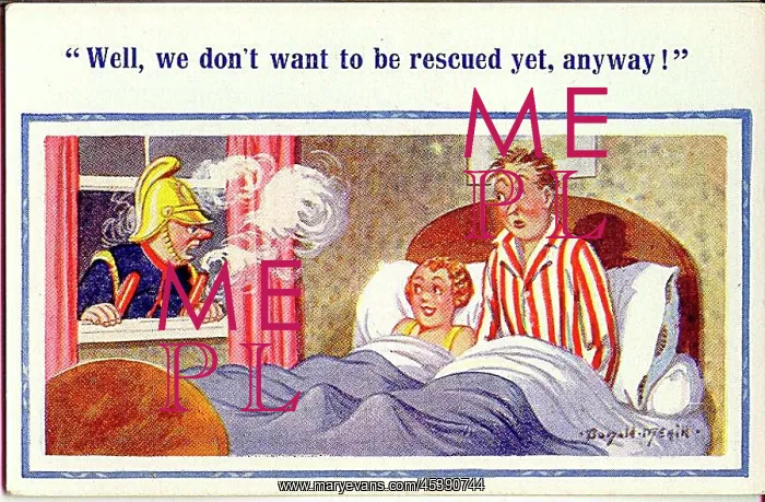 : Comic postcard, Fireman disturbs couple in bed : Comic postcard, Fireman disturbs couple in bed