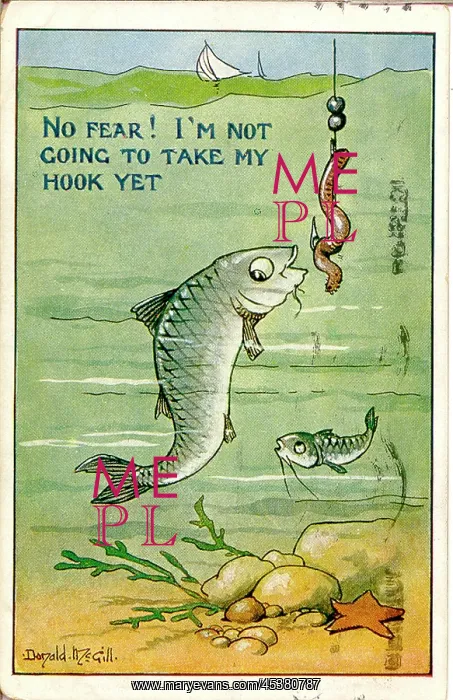 : Comic postcard, Fish avoids worm and hook : Comic postcard, Fish avoids worm and hook