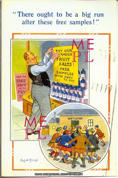 : Comic postcard, Free samples of fruit salts, and the result : Comic postcard, Free samples of fruit salts, and the result