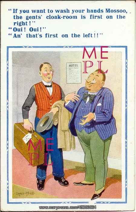 : Comic postcard, French guest and hotel porter : Comic postcard, French guest and hotel porter