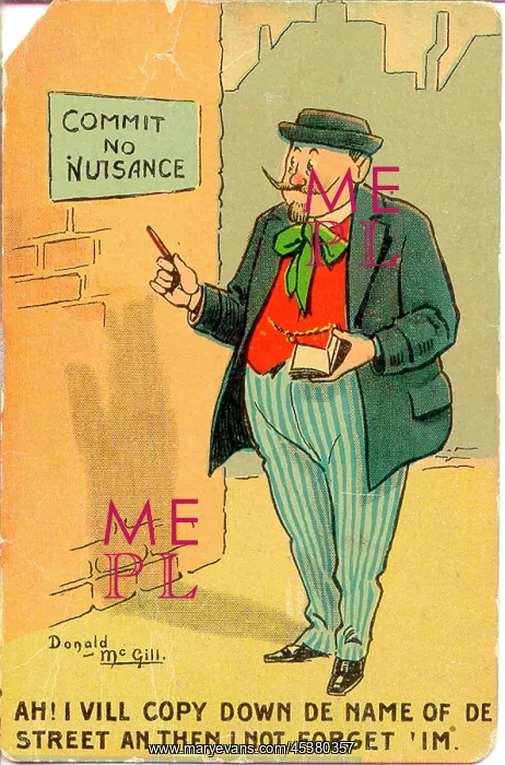 : Comic postcard, French man notes down street name : Comic postcard, French man notes down street name