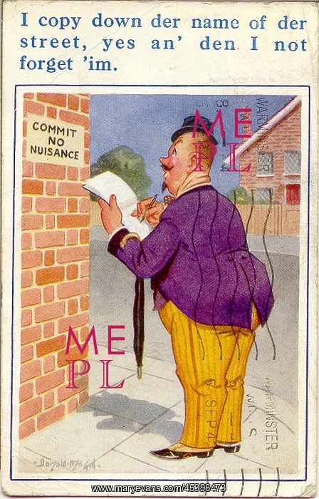 : Comic postcard, French man notes down street name : Comic postcard, French man notes down street name