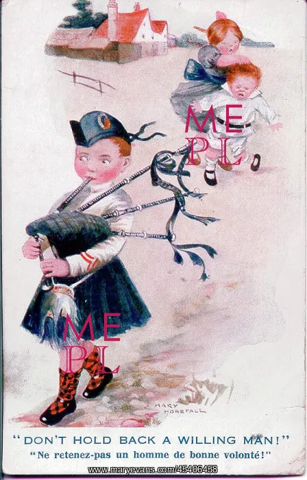 : Comic postcard, girl, boy and bagpipe player : Comic postcard, girl, boy and bagpipe player